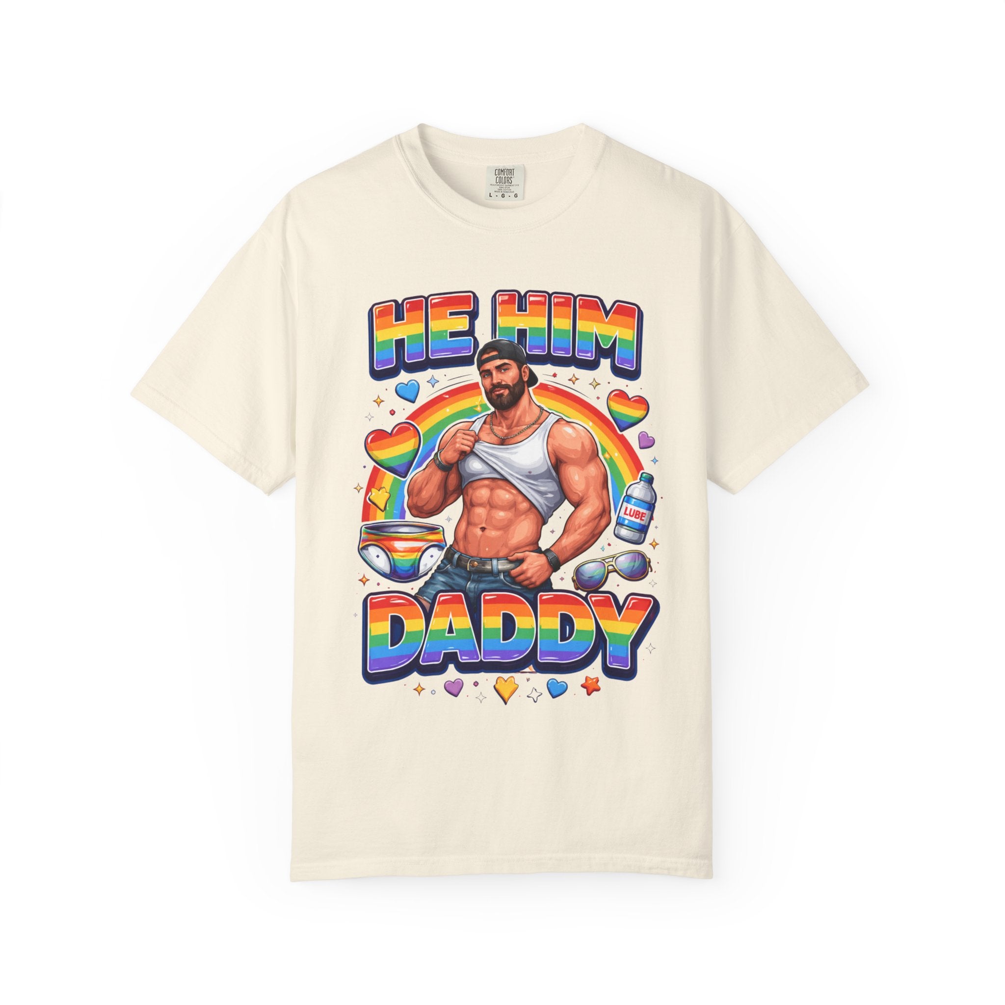 He Him Daddy T-Shirt: Rainbow Gay Pride Muscle Dad Graphic Tee