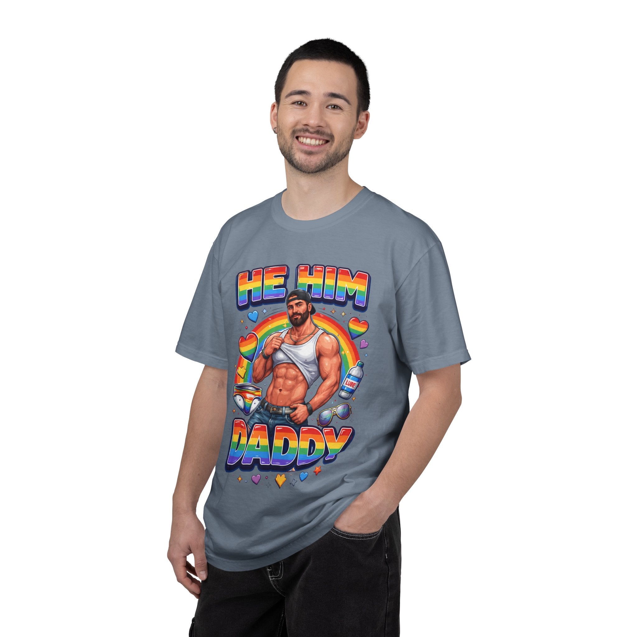 He Him Daddy T-Shirt: Rainbow Gay Pride Muscle Dad Graphic Tee