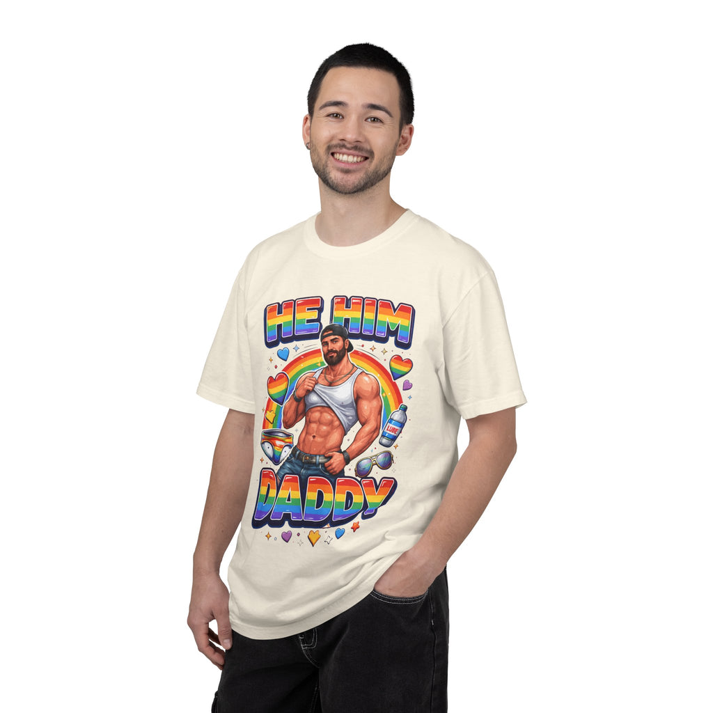 He Him Daddy T-Shirt: Rainbow Gay Pride Muscle Dad Graphic Tee