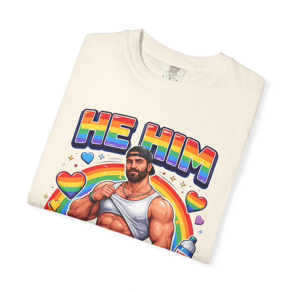 He Him Daddy T-Shirt: Rainbow Gay Pride Muscle Dad Graphic Tee
