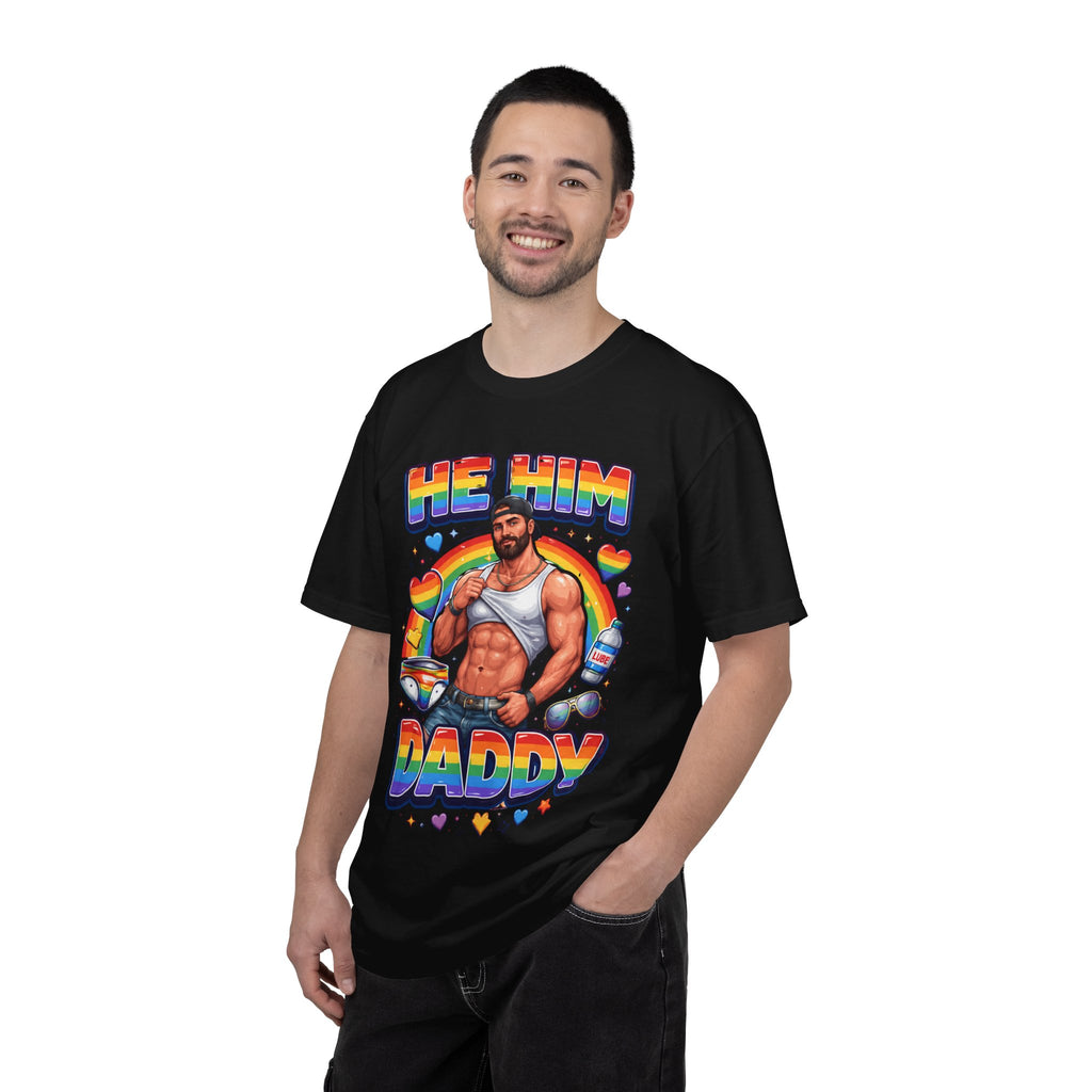 He Him Daddy T-Shirt: Rainbow Gay Pride Muscle Dad Graphic Tee