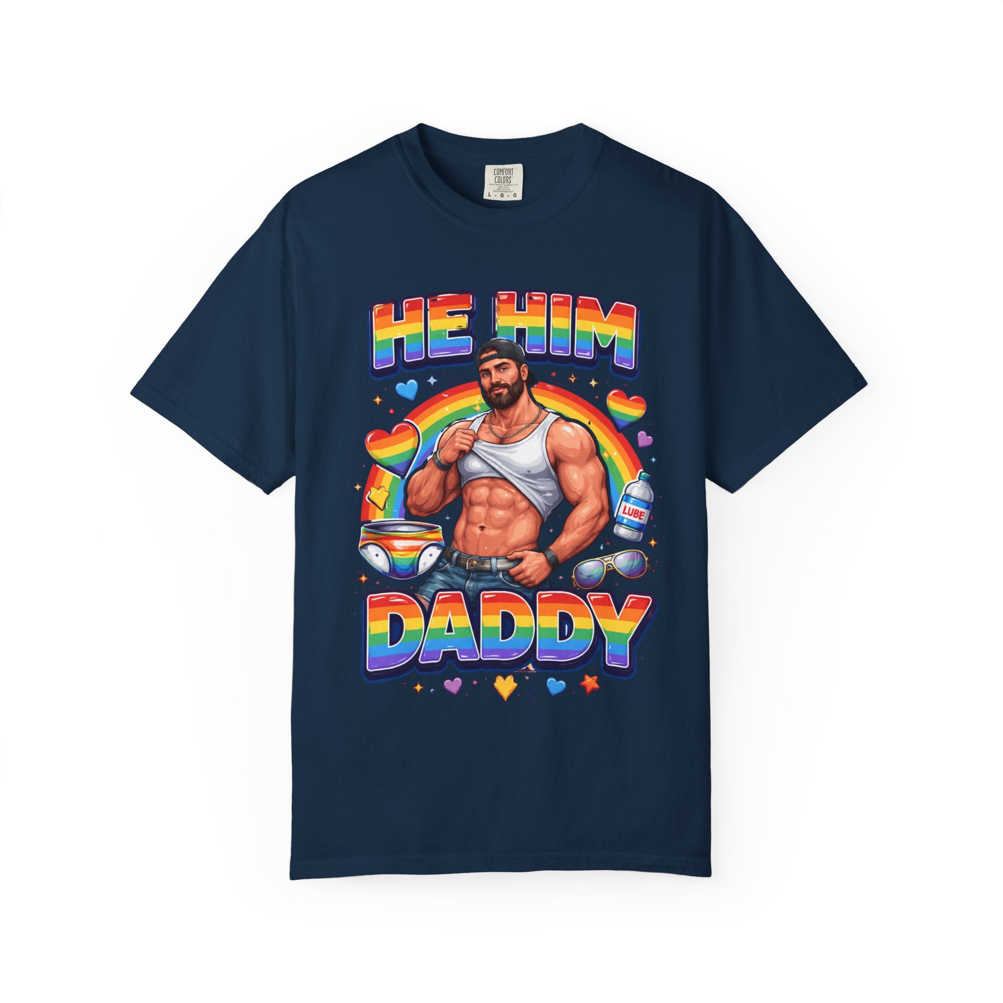 He Him Daddy T-Shirt: Rainbow Gay Pride Muscle Dad Graphic Tee