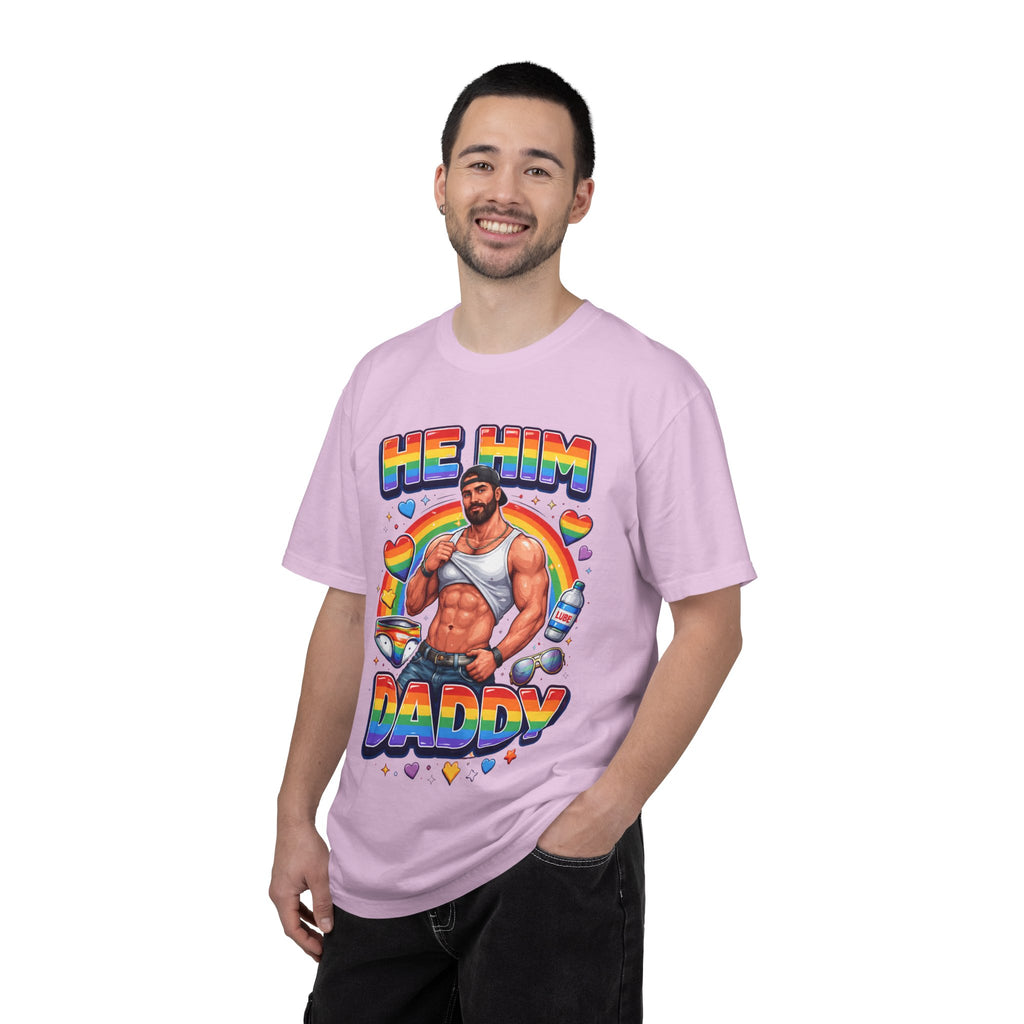 He Him Daddy T-Shirt: Rainbow Gay Pride Muscle Dad Graphic Tee