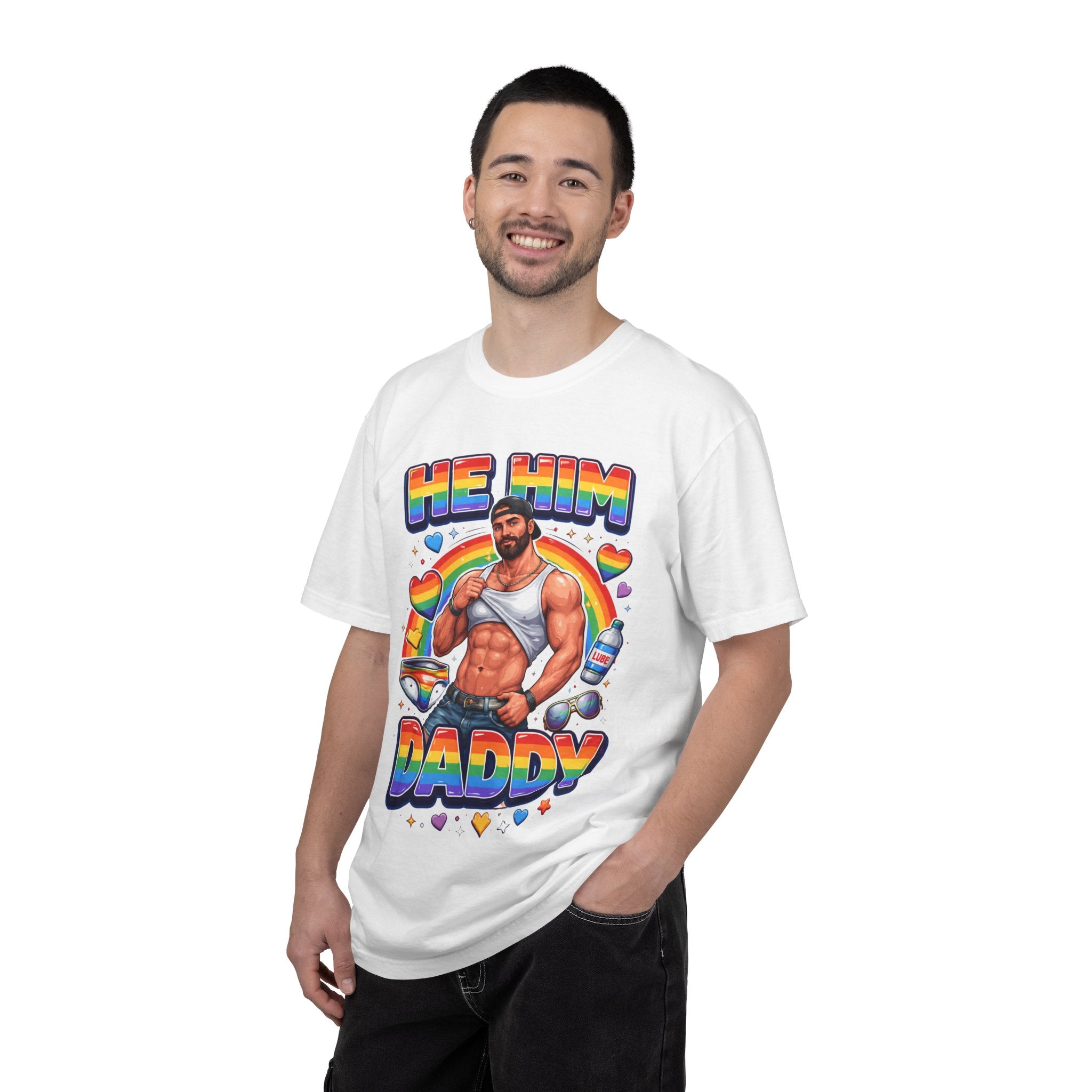 He Him Daddy T-Shirt: Rainbow Gay Pride Muscle Dad Graphic Tee