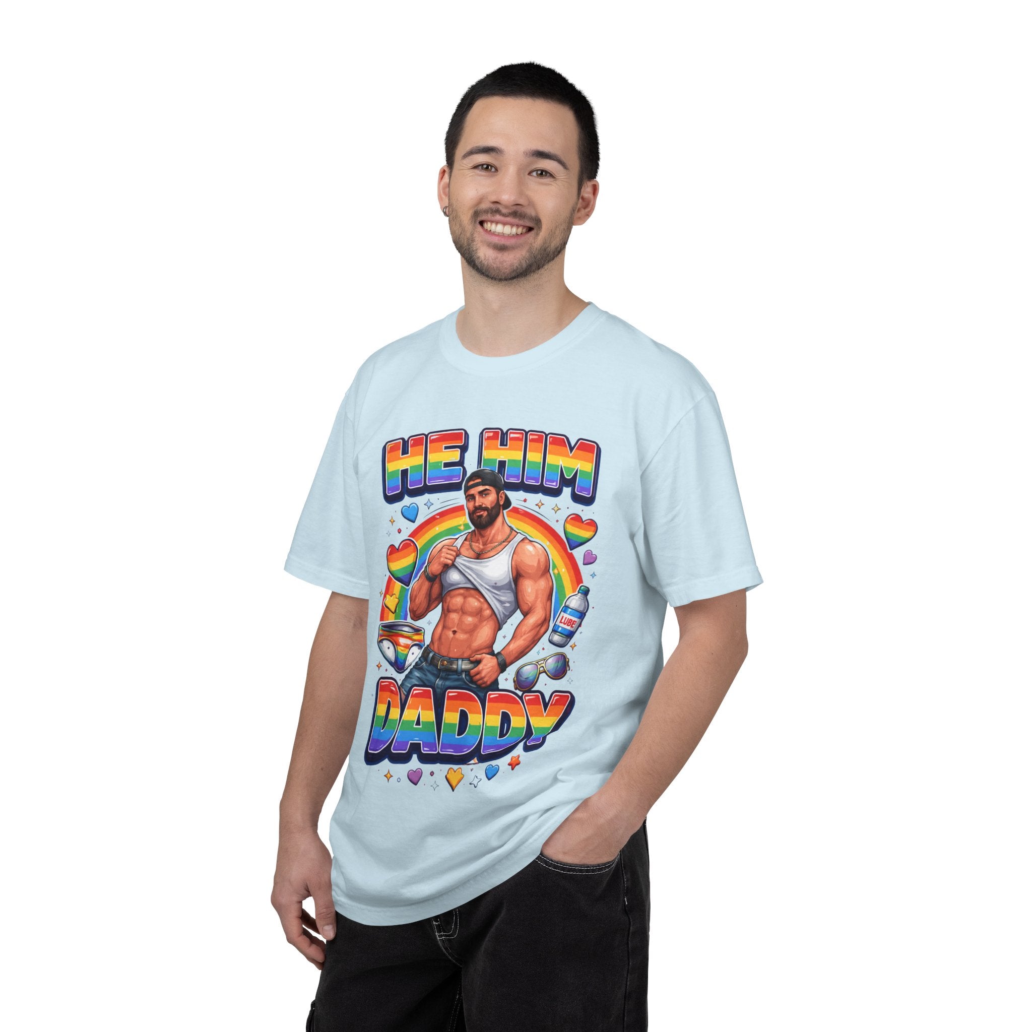 He Him Daddy T-Shirt: Rainbow Gay Pride Muscle Dad Graphic Tee