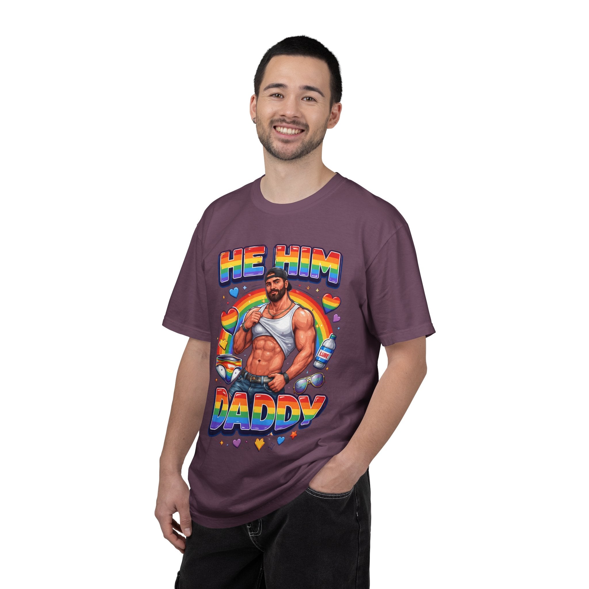 He Him Daddy T-Shirt: Rainbow Gay Pride Muscle Dad Graphic Tee