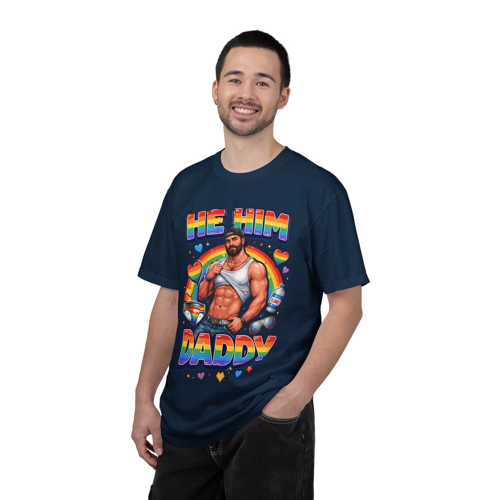 He Him Daddy T-Shirt: Rainbow Gay Pride Muscle Dad Graphic Tee