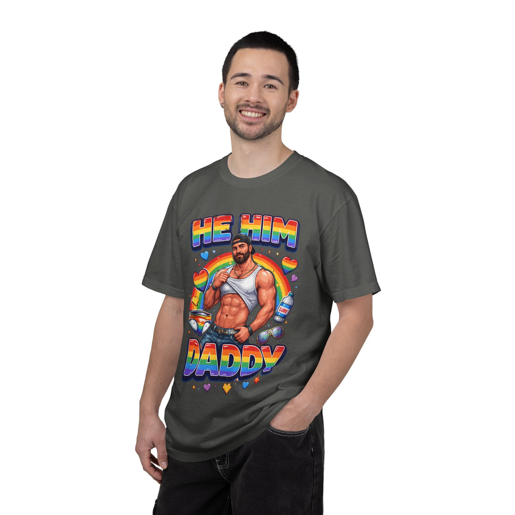 He Him Daddy T-Shirt: Rainbow Gay Pride Muscle Dad Graphic Tee