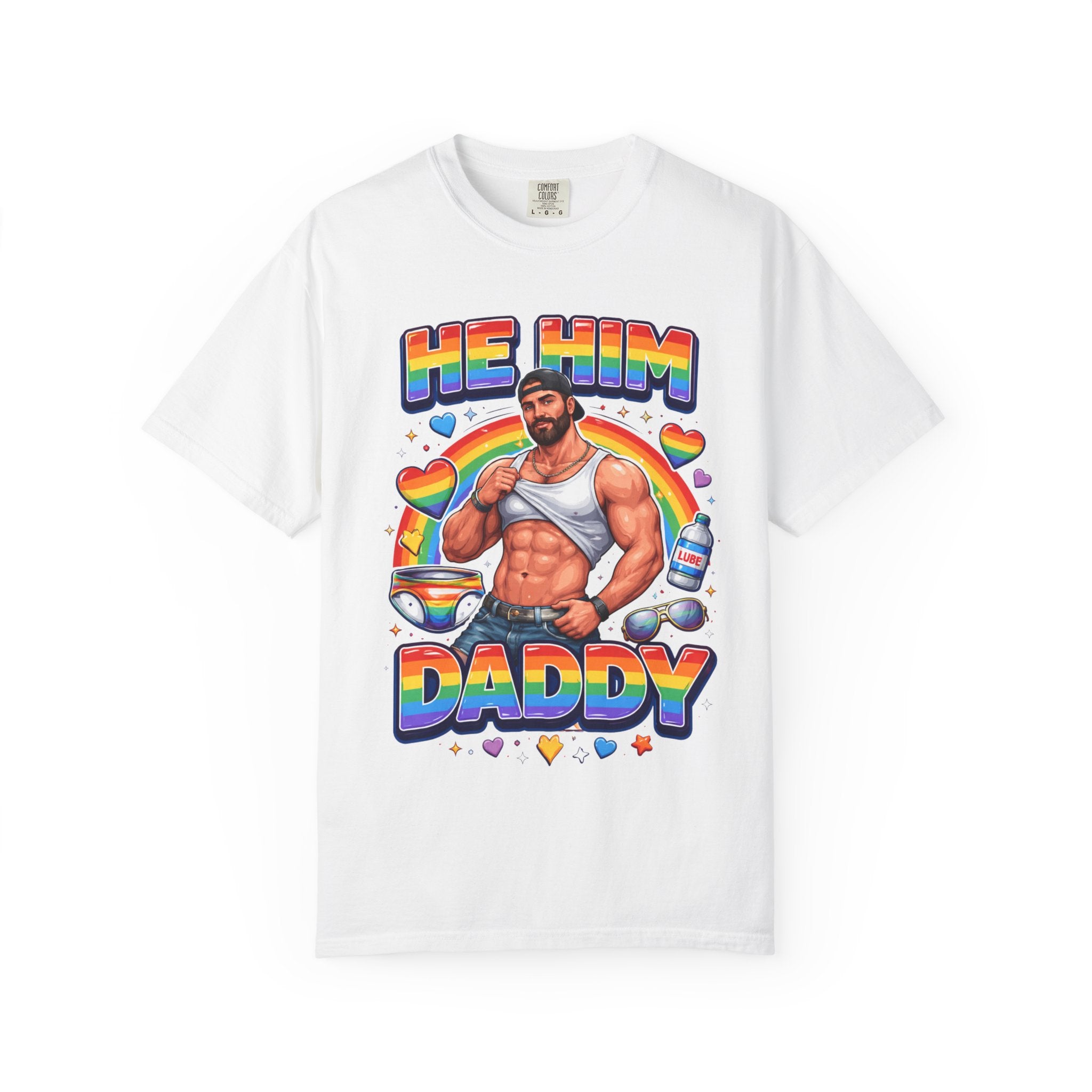 He Him Daddy T-Shirt: Rainbow Gay Pride Muscle Dad Graphic Tee