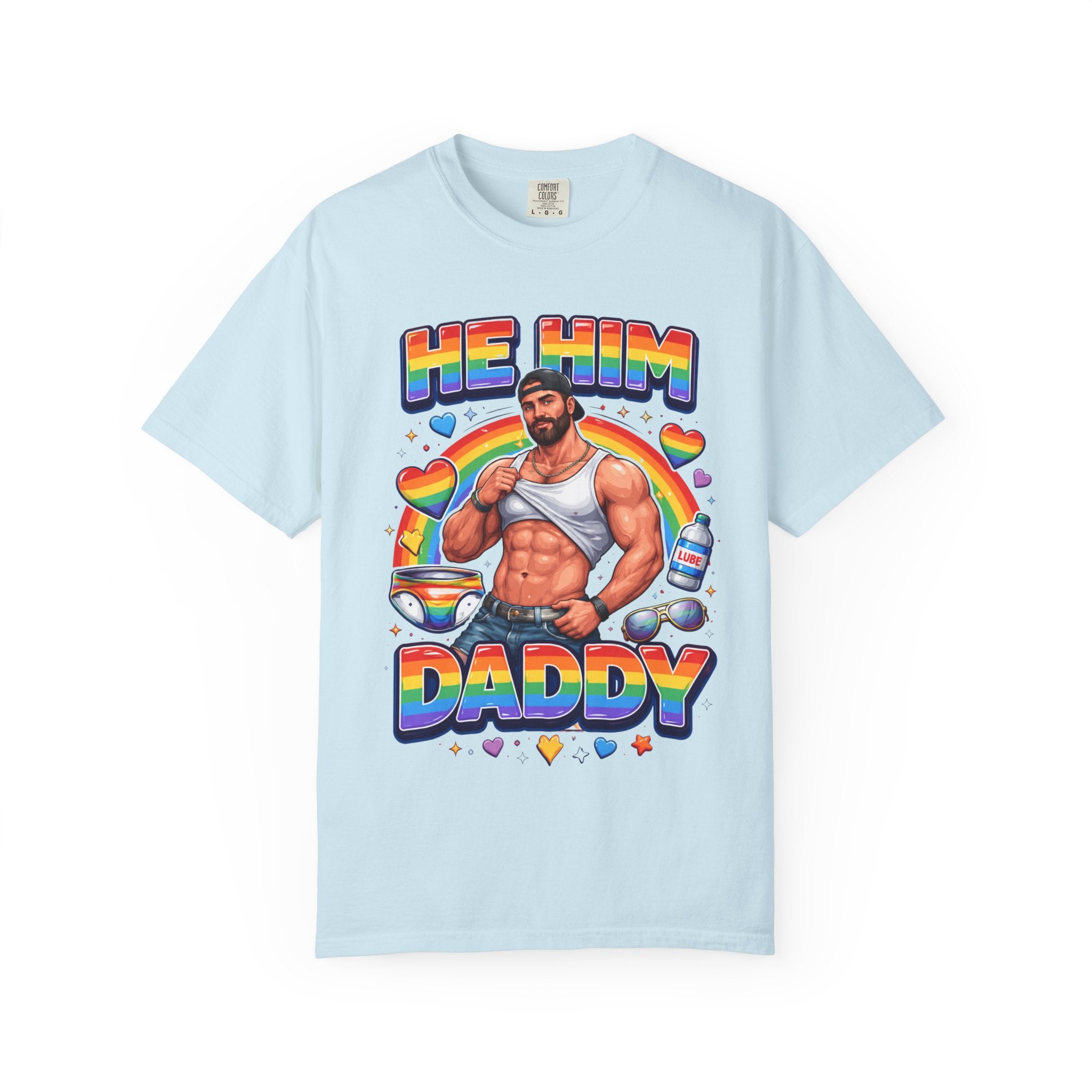 He Him Daddy T-Shirt: Rainbow Gay Pride Muscle Dad Graphic Tee