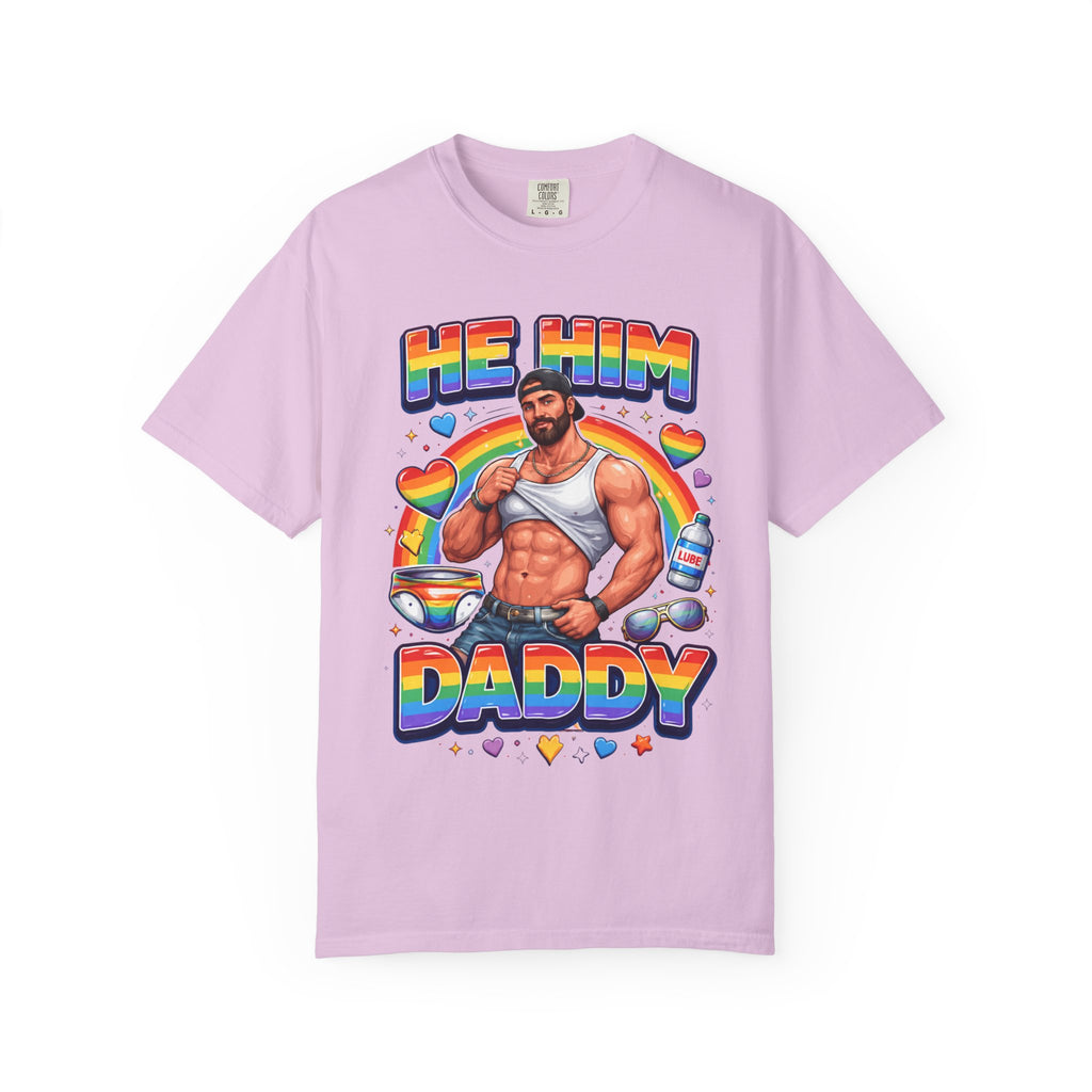 He Him Daddy T-Shirt: Rainbow Gay Pride Muscle Dad Graphic Tee